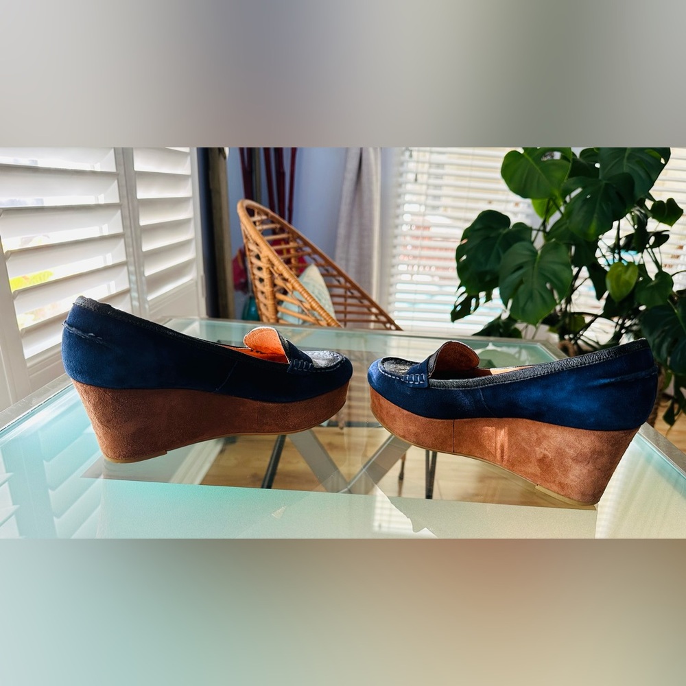 Anthropologie Navy Blue & Brown Suede Leather Penny Loafers - Picture 4 of 10